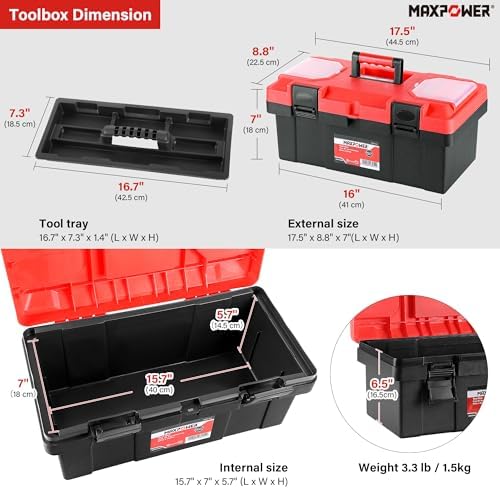 MAXPOWER Small Tool Box, 14-inch Plastic Tool Boxes with Handle | Removable Tray with Dual Lock Secured, Red Toolbox for Home