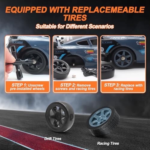 Dollox RC Drift Car 1/16 Scale Remote Control Car 2.4GHz 4WD High Speed 18+KM/H Race Car with LED Light and Spray, Extra Drifting Tires Racing Vehicle Toy Birthday Gifts for Adults Boys, 2 Batteries