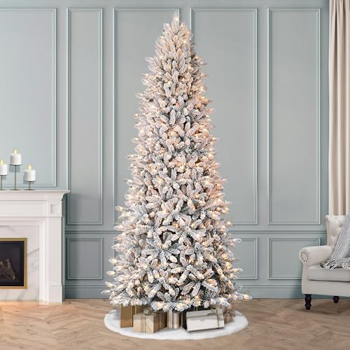 Puleo International 7.5 Foot Pre-Lit Slim Flocked Fraser Fir Artificial Christmas Tree with 500 UL Listed Clear Lights
