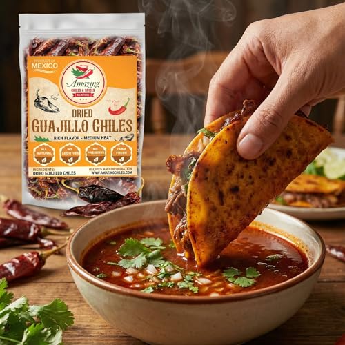 Guajillo Chiles Peppers Dried Whole 4 oz – Natural and Premium. Great For Mexican Recipes Like Mole, Tamales, Salsa, Meats. Mild to Medium Heat, Complex Fruity Flavor. Resealable Bag
