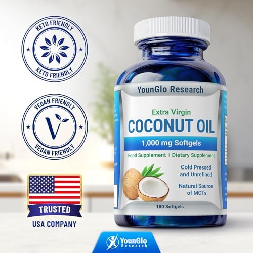 Coconut Oil 1000 mg 100% Cold-Pressed Organic Extra Virgin Coconut Oil 180 Vegan Softgel Capsules Keto-Friendly Dietary Supplement Support for Hair, Nails & Skin Health