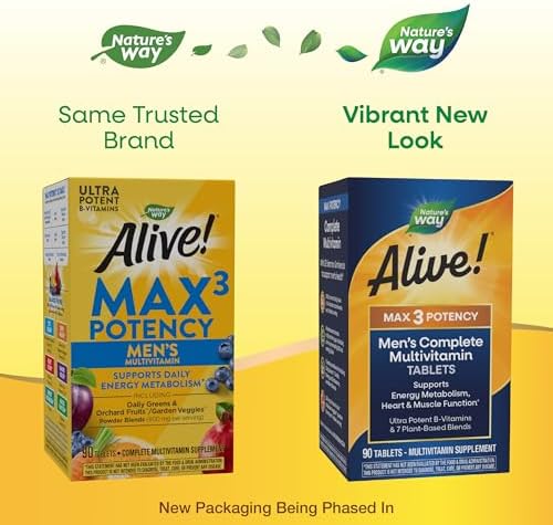 Nature's Way Alive! Men’s Max3 Potency Daily Multivitamin, 90 Tablets | High Potency Multivitamin for Men with B-Vitamins for Cellular Energy*, Supports Heart, Muscle and Eye Health*