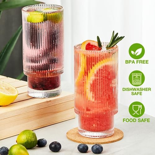 Qipecedm® 6 Pack Ribbed Drinking Glasses, 16 oz Vintage Glass Cups, Highball Glasses, Premium Iced Coffee Glasses, Clear Glass Tumbler