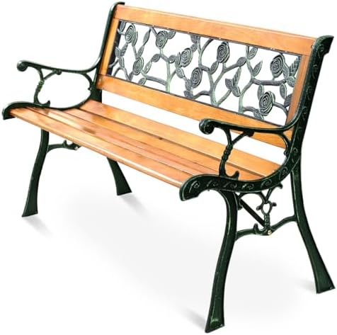 GIANTEX 50'' Patio Park Garden Bench, Outdoor Furniture Rose Cast Iron | Porch Loveseat for 2 Person with Hardwood Frame and Armrest
