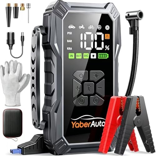 YaberAuto 12-in-1 Jump Starter with Air Compressor 8000A 160PSI 65W Charging, Portable Car Battery Jump Starter (All Gas/14L Diesel) Jump Box Car Battery Jumper Starter Portable Jumper Cables, 160W DC