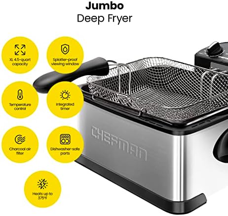 Chefman 4.5 Liter Deep Fryer w/Basket Strainer, XL Jumbo Size, Adjustable Temperature & Timer, Perfect for Fried Chicken, Shrimp, French Fries