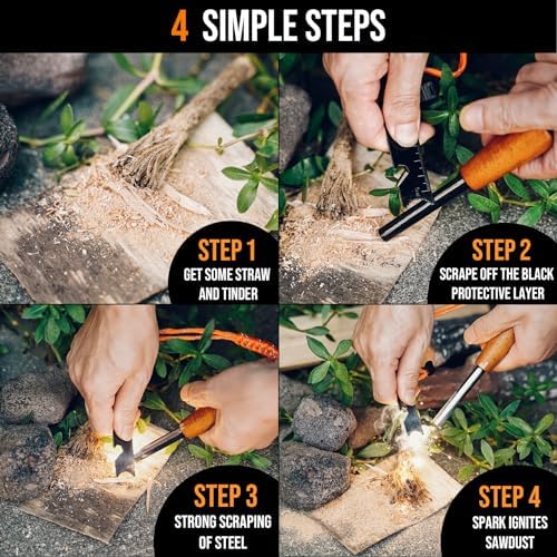 onlyfire Fire Starter Survival Tool, Ferro Rod Kit with Tinder Wick, Pouch, Waterproof Flint and Steel Fire Starter for Camping