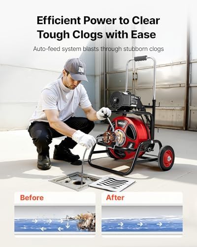 VEVOR Drain Cleaner Machine 100 FT x 3/4 Inch, Auto Feed Sewer Snake Auger, Portable Drain Cleaning Machine with Multi-Wheel Combination, 6 Cutters & Air-Activated Foot Switch for 4" to 8" Pipes