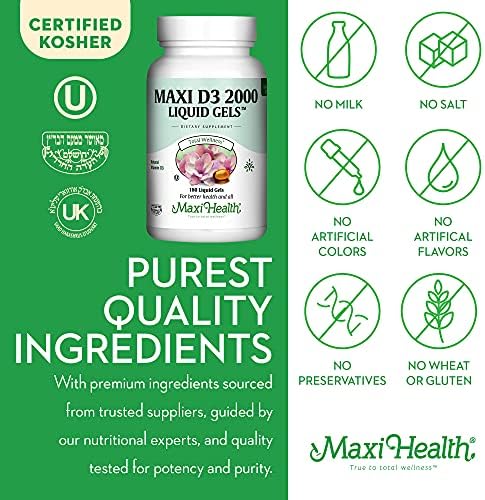 Maxi Health Kosher Vitamin D3 2000IU - Highly Absorbable Vitamin D Supplements for Healthy Immune Response, Calcium Absorption, Teeth & Bone Health - D3 Vitamin 2000 IU -180 Tablets
