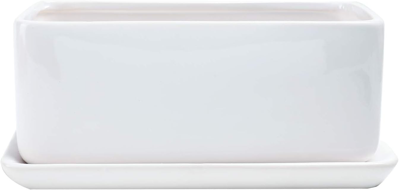 10 inch Rectangular White Ceramic Planter Pot Succulent Cactus Herb Flower Container Window Box Saucer Removable Drip Tray Base Drain Holes Home