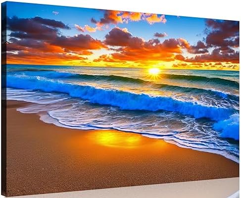 TutuBeer 3 Panel Beach Canvas Wall Art for Home Decor Blue Sea Sunset White Beach Painting the Picture Print on Canvas Seascape the Pictures for Home Decor Decoration,Ready to Hang