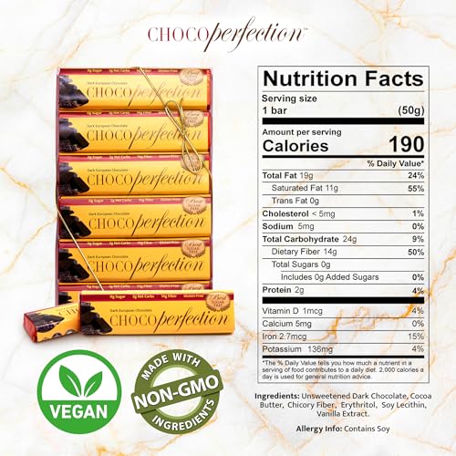 ChocoPerfection Dark Chocolate Bars - No Sugar Low Carb Snack - 12 Pack 50G