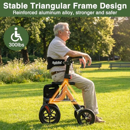 Walkers for Seniors, Rollator Walker with Seat, 10" Big Rubber Wheels All Terrain Rolling Walker, Lightweight Foldable Rollator Walker, Built-in Cable, Reinforced Aluminum Frame, Orange