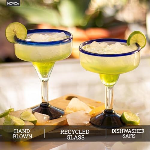 NOVICA - 284619 NOVICA Clear Blue Rim Glass Eco-Friendly Margarita Glasses, 13 Ounces, 'Cobalt Contrasts' (Set Of 6)