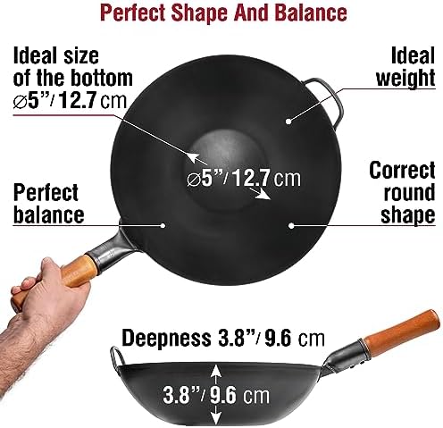 YOSUKATA 13.5" Pre-Seasoned Flat Bottom Black Carbon Steel Wok for Stir Fry