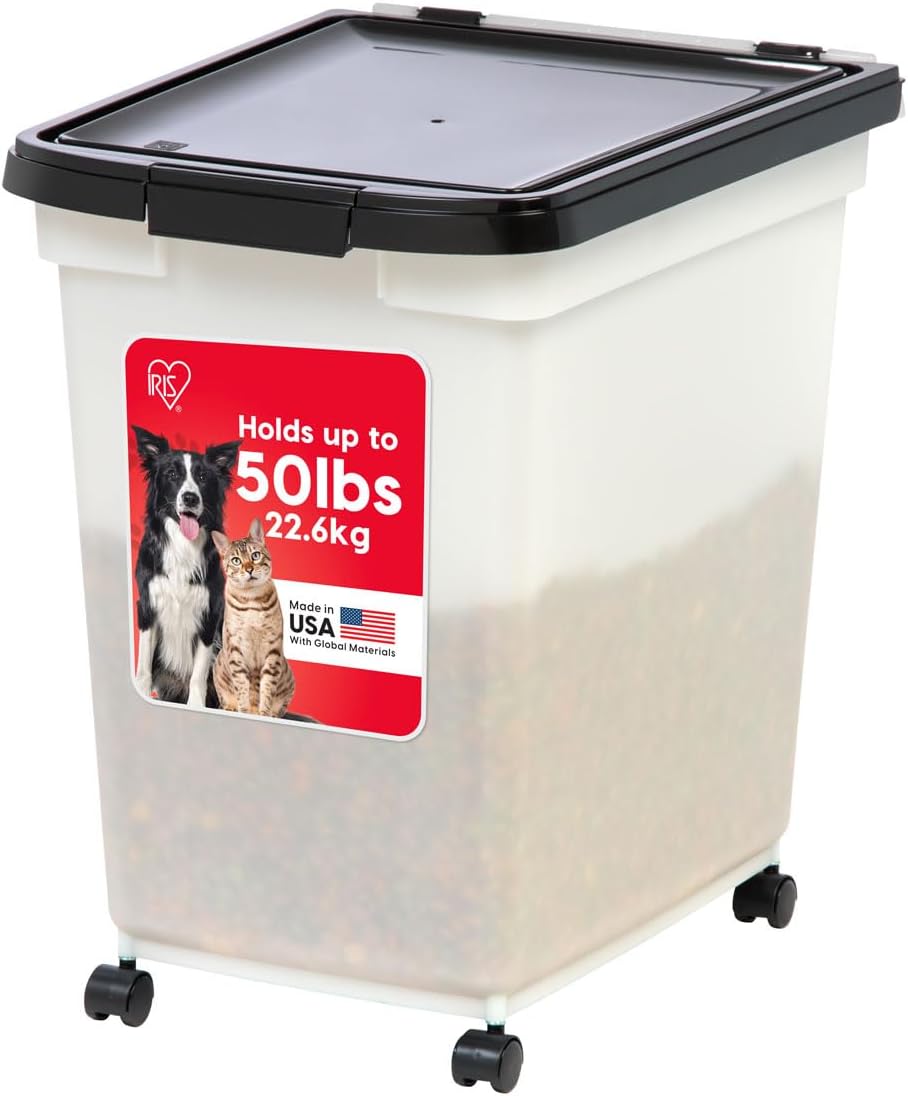 IRIS USA Dog Food Storage Container, Up to 25 lbs, Black, Made in USA | Wheels for Mobility, Airtight Seal, BPA-Free, Best for Bird Seed, Cat food, Cat Litter, Chicken Feed, Pellets