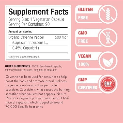 Nature Restore Premium Cayenne Pepper Extract Supplement. Standardized to 0.45% Capsaicin - 70, 000 Scoville Heat Units for Natural Metabolism Support
