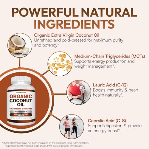 Arazo Nutrition Organic Coconut Oil 2000 MG Per Serving - 100% Extra Virgin Unrefined Cold Pressed for Weight Support, Skin, Hair, Nails - 120 Softgel Capsules