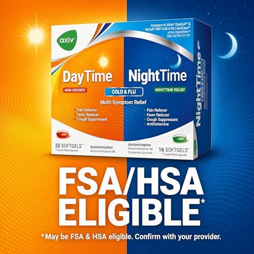 AXIV Day & Night Cold & Flu Medicine Combo Pack Softgels, Daytime & Nighttime Relief for Headache, Fever, Sore Throat, Minor Aches & Pains, & Cough