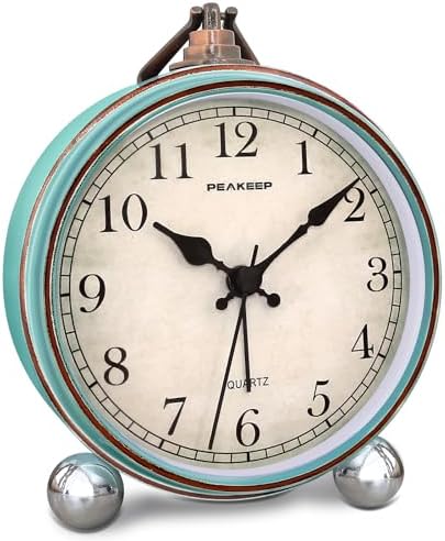 Peakeep 4" Small Battery Operated Analog Alarm Clock, Antique Retro Style