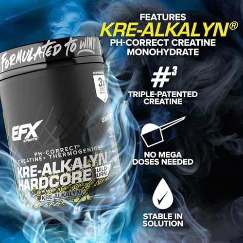 EFX Sports Kre-Alkalyn Hardcore | Thermogenic pH Correct Creatine Monohydrate Pill Supplement | Energy & Strength Pre Workout | 40 Servings, 120 Capsules