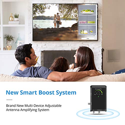 ANTOP HD Smart Boost Antenna Amplifier, HDTV Signal Booster, Amplifier with Dual Outputs for TV and Second Device, Enhances VHF/UHF/FM Reception