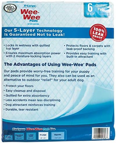 Four Paws Wee-Wee Superior Performance X-Large Dog Pee Pads, 40 Count | Puppy & dog potty training pads, housebreaking supplies, xl puppy pads, pet supplies, 24-hour floor protection, 28" x 34"