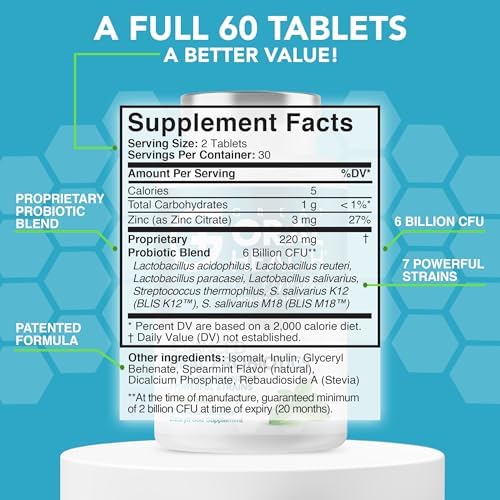Oral Probiotics for Mouth Bad Breath Treatment for Adults; Dentist Formulated Dental Probiotics for Teeth and Gums Health & Chronic Halitosis with BLIS K12 M18, 60 Chewable Oral Health Tablets Mint