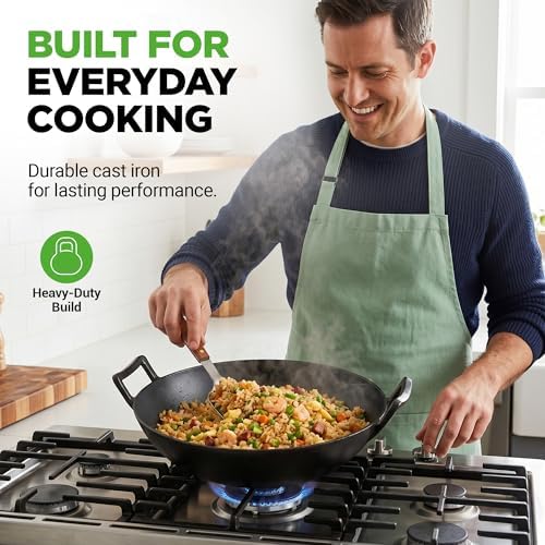 NutriChef 14" Cast Iron Wok with Wooden Lid - Pre-Seasoned Kadai for Stir-Fry with Loop Handles, Compatible with Multiple Cooktops Including Induction