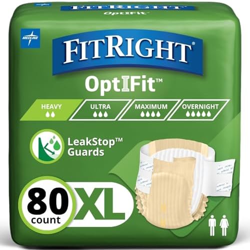 FitRight Adult Diapers, Extra+ Heavy Absorbency, M (Waist Size 32in-44in), 80 Count, OptiFit Incontinence Briefs for Men and Women, Disposable, Moisture-Wicking, Leak Protection,