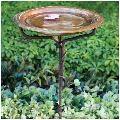 Solid Copper Birdbath with Iron Twig Stake