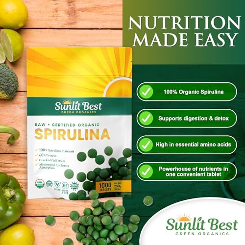 Sunlit Best Organic Spirulina Tablets, Pure Natural Superfood Pills 1000 CT | USDA Certified, 60% Vegan Protein, 18 Amino Acids, Chlorophyll Antioxidants Enzymes, Non GMO, Immune Liver & Energy Support