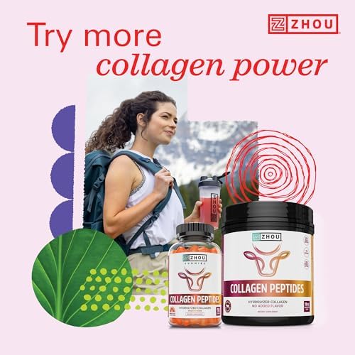 Zhou Collagen Peptides Supplement - 18 oz Jar (46 Servings) | Pure Hydrolized Collagen Powder for Women & Men, Grass Fed Natural Bovine for Skin