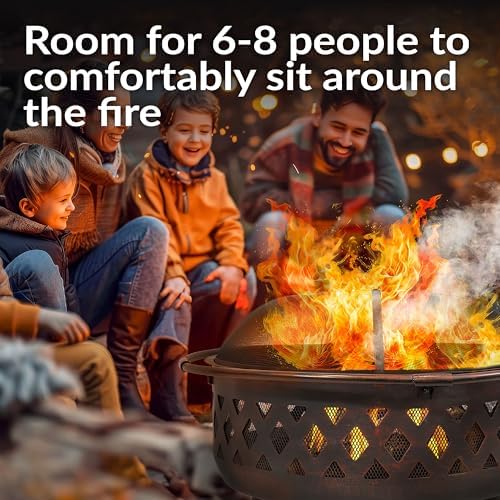 Sunnydaze Crossweave Large Outdoor Fire Pit, Wood Burning, Round, 36" | Black, Heavy Duty Steel Metal, Patio Fire Pit with Spark Screen, Poker, & Cover, Wood Firepit for Outside, Backyard, or Deck