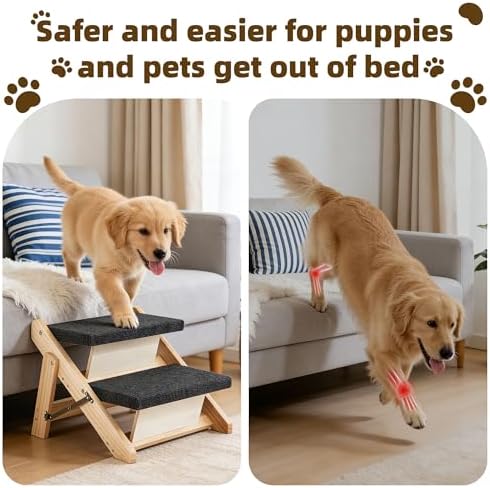MEWANG Wood Pet Stairs & Ramp for Small/Medium Dogs & Cats, Aging Pets – 2-in-1 Foldable, Portable, Non-Slip Pet Ladder for Tall Beds, Couches