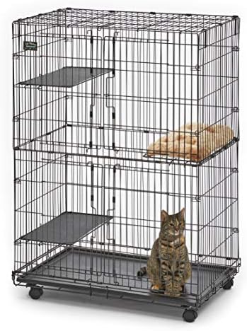 MidWest Homes for Pets Folding Metal Indoor Cat Playpen, Cage Includes Locking Wheels, 3 Platforms, Removable Tray, Plush Bed, Suited for 1-3 Cats