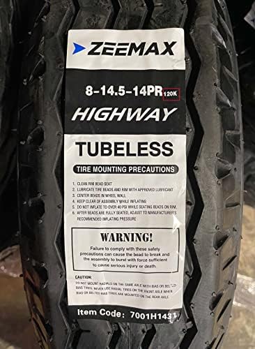 Zeemax TRUE Highway Trailer Tire 8-14.5 14Ply LR G Speed Rate K 68mph- Set4 | Load Range G
