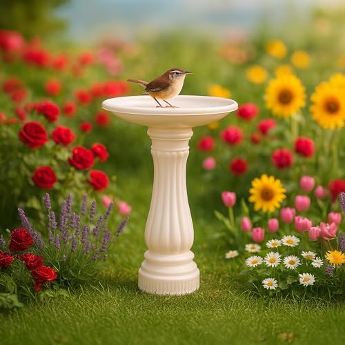 Union Products Bird Bath for Outside, Round Outdoor Patio Lawn and Garden Decor with Fillable Base for Stability, 17"D x 25"H, White