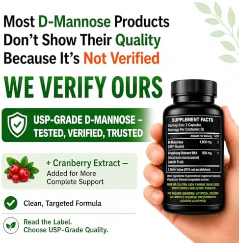 HCL HERBAL CODE LABS D-Mannose with Cranberry Extract Capsules 1500mg – High Potency USP Grade D-Mannose Supplement with Whole Fruit Cranberry
