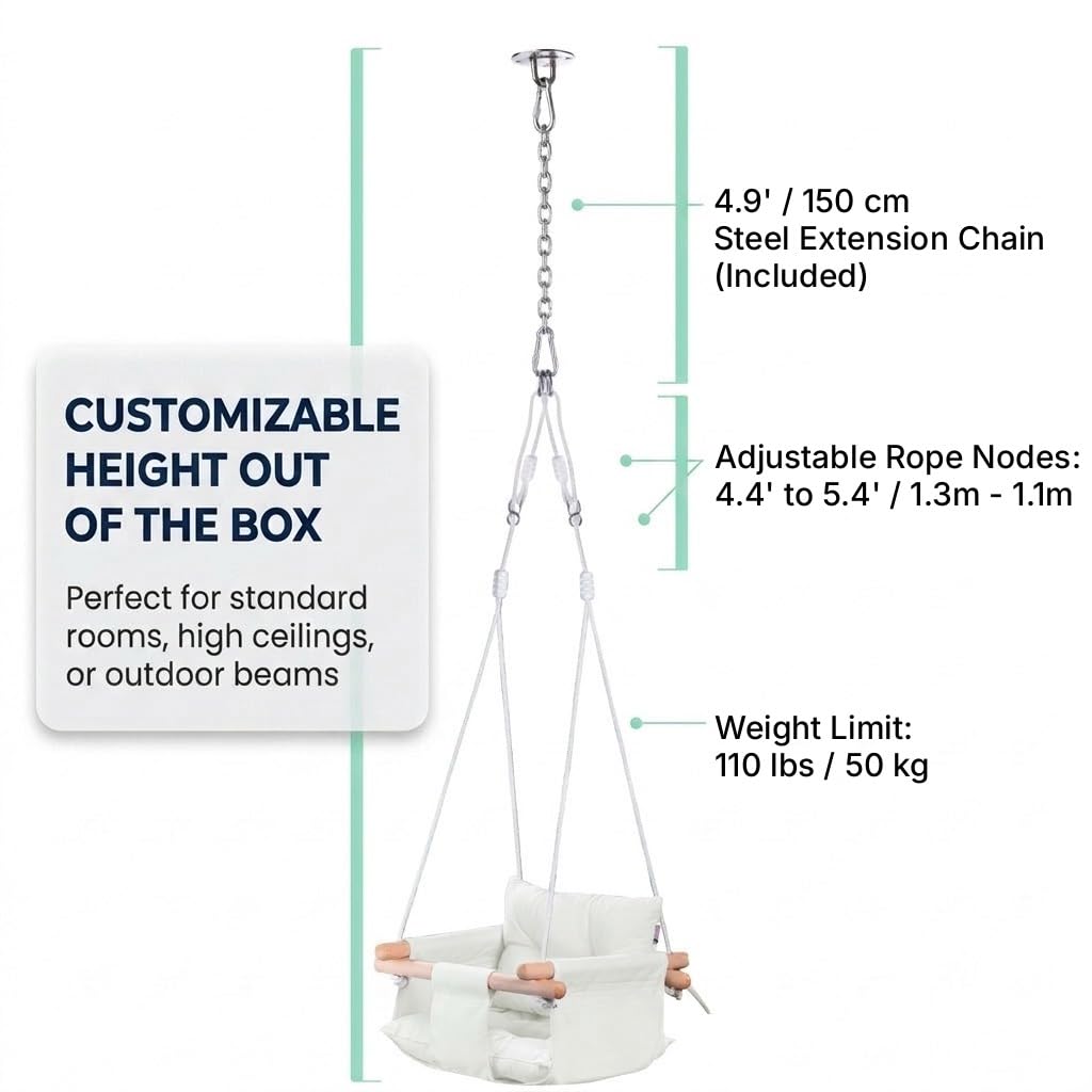 CaTeam Canvas Baby Swing Seat with 5-Point Safety Belt — Wooden Hanging Toddler Swing, Indoor & Outdoor, Ages 1-4, Ceiling Mount Hardware Included