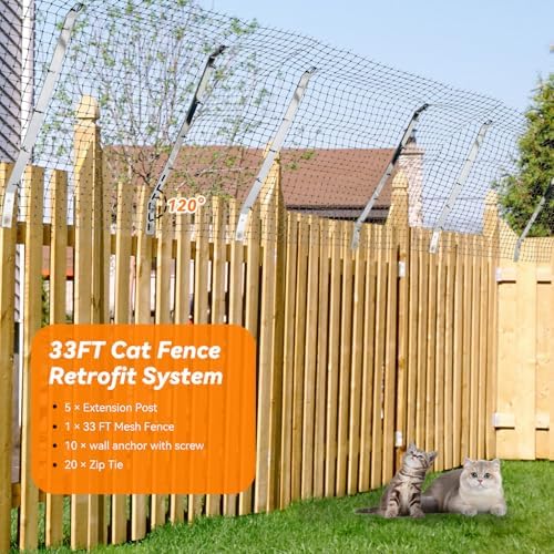 Cat Fence Retrofit System Curved Fence Extenders Anti-Climb Jump Outdoor Barrier Galvanized Steel Toppers & Poly Mesh Containment Barrier for Wood