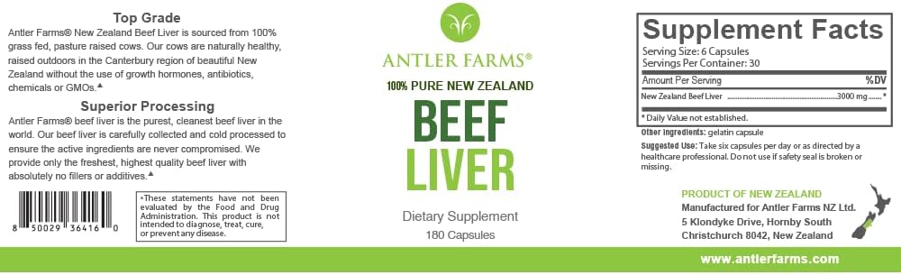 Antler Farms New Zealand Beef Liver Capsules - Grass Fed, 180 Capsules | 100% Pure Desiccated Grass Fed Beef Liver Supplement, Cold Processed