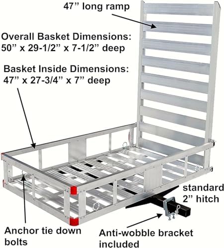 MaxxHaul 80779 Aluminum Hitch Mount Wheelchair/Mobility Carrier – 50" x 29.5" Cargo Basket with High Side Rails & 47" Ramp – Fits 2" Receiver