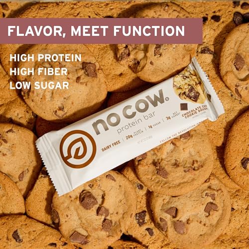 No Cow Peanut Butter Chocolate Chip Vegan Protein Bars, 12 Pack | 20g High Plant-Based Protein, High Fiber, Low Sugar, Gluten-Free, Dairy-Free, Soy-Free, Keto-Friendly Snack Bars