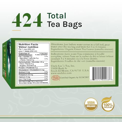 Uncle Lee's Organic Green Tea Bags 4-Pack, 106-Count Super Packs – Bright & Refreshing, Lightly Caffeinated Bulk Tea for Home, Office, Camping
