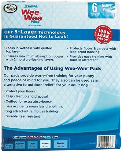 Four Paws Wee-Wee Superior Performance X-Large Dog Pee Pads, 40 Count | Puppy & dog potty training pads, housebreaking supplies, xl puppy pads, pet supplies, 24-hour floor protection, 28" x 34"