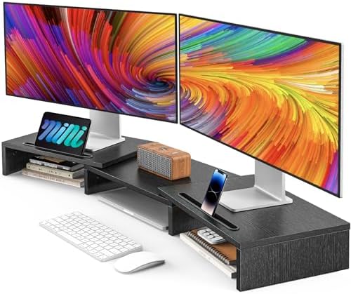 AMERIERGO Dual Monitor Stand Riser- 3 Shelf Screen Stand with Adjustable Length and Angle, 2 Extra Functional Slot Desktop Organizer Stand for PC