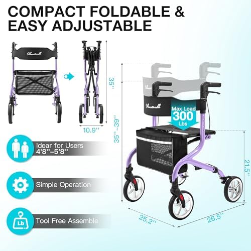 PLANET WALK Super Lightweight Rollator Walker for Seniors, Foldable Rolling Walker with Seat and 8" Rubber Wheels for All Terrain, Unique Design Aluminium Frame Sturdy Walkers for Traveling - Blue
