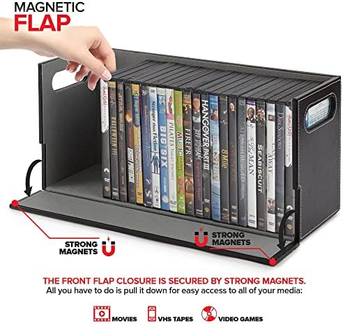 Stock Your Home DVD Storage Box, Movie Shelf Organizer for Blu-Ray, Video Game Cases, CDs, VHS Tape Display Stand, Disc Holder Can Store Up to 28 DVDs, Faux Leather (Espresso)