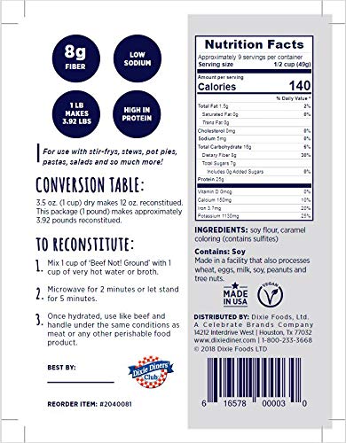 Dixie Diner's Texturized Vegetable Protein - Beef Not 1 lb Bag 2 Pack - Vegan and Gluten Free - No Added Sugar - 25g of Protein - Low Fat and Low